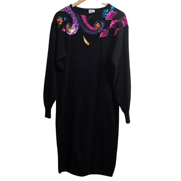 Darian Vintage 80s Black Knit Sequin Embellished Sweater Dress Sz M Avante Garde - Picture 3 of 12
